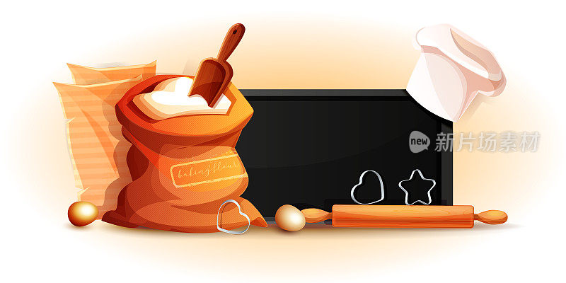 面包店的概念。一袋面粉，一个木制擀面杖，一个烤盘和一个卡通风格的面包师的帽子，背景是中性的蜡笔。图形矢量插图在EPS 10格式。